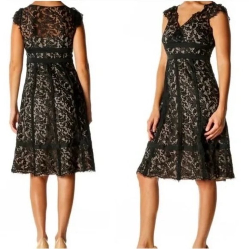Loft Black Lace Overlay Midi Cocktail Dress Fit and Flare Cap Sleeve Witchy-4